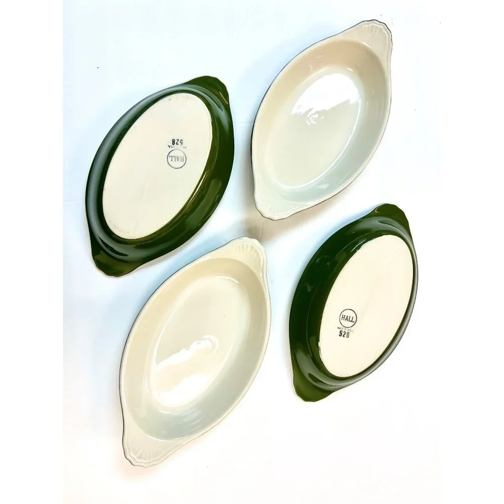 Set Of 4 Hall 528 Oval Green & White Ceramic Baking Dishes Made In USA Vintage - Picture 2 of 8